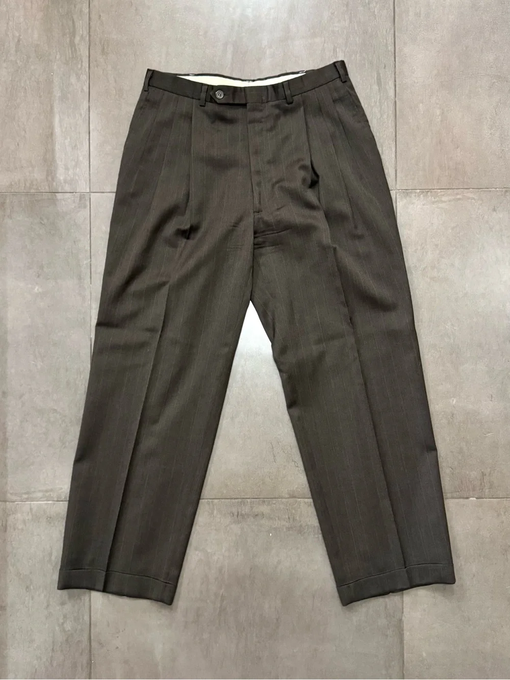 Vintage Pierre Balmain Wool Two-Piece Suit, Gray w/ Brown Pinstripes, Men’s M-L
